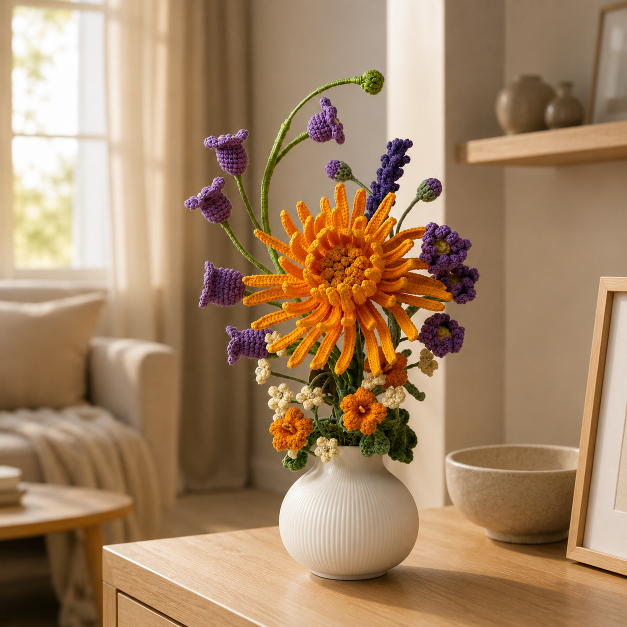 Hand-knitted Chrysanthemum Bouquet Vase | Knitted Flower Home Decoration Center | Country Room and Desk Decoration Gift