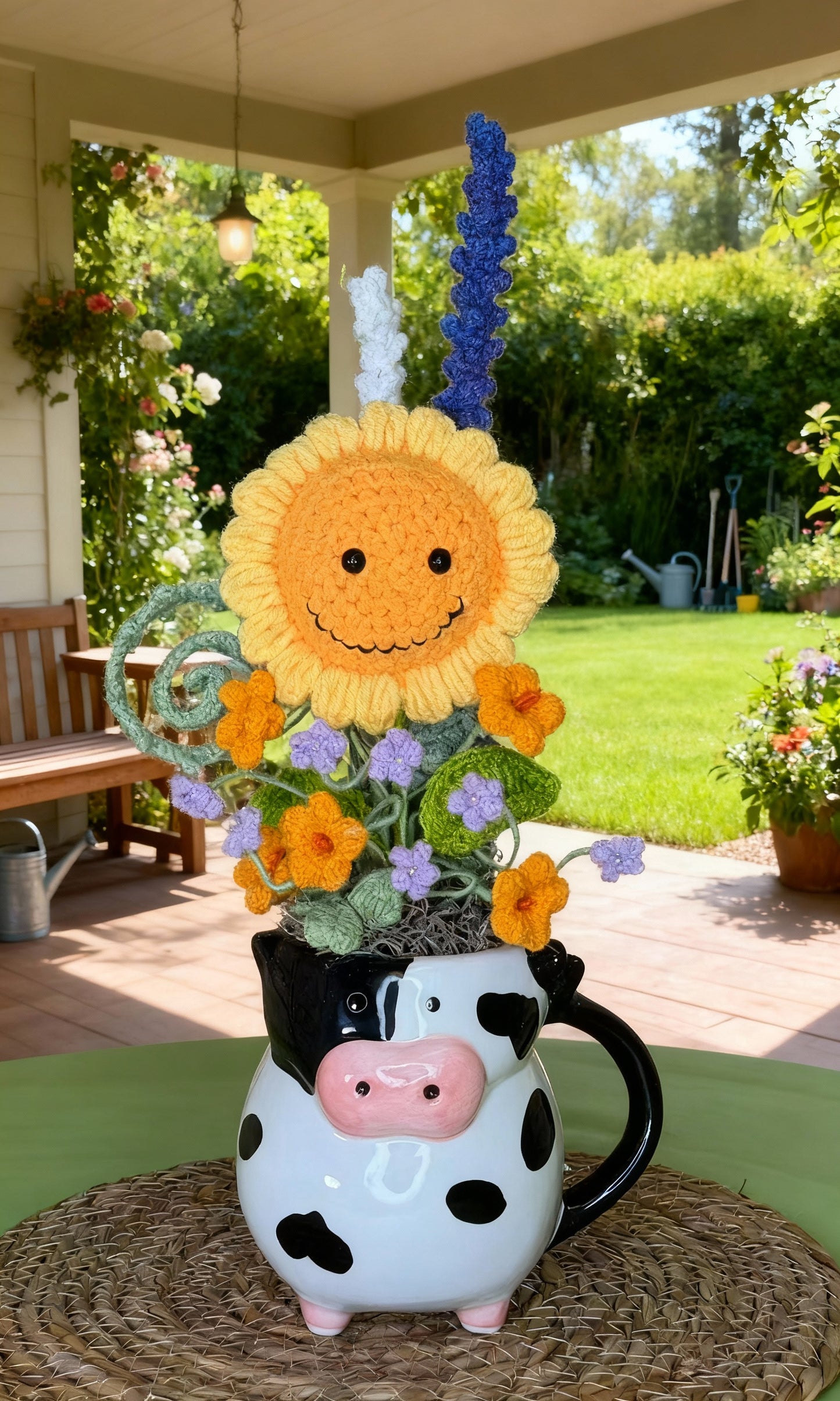 "Playful Farm" Hand-Crocheted Flower Bouquet & Cow Vase Set