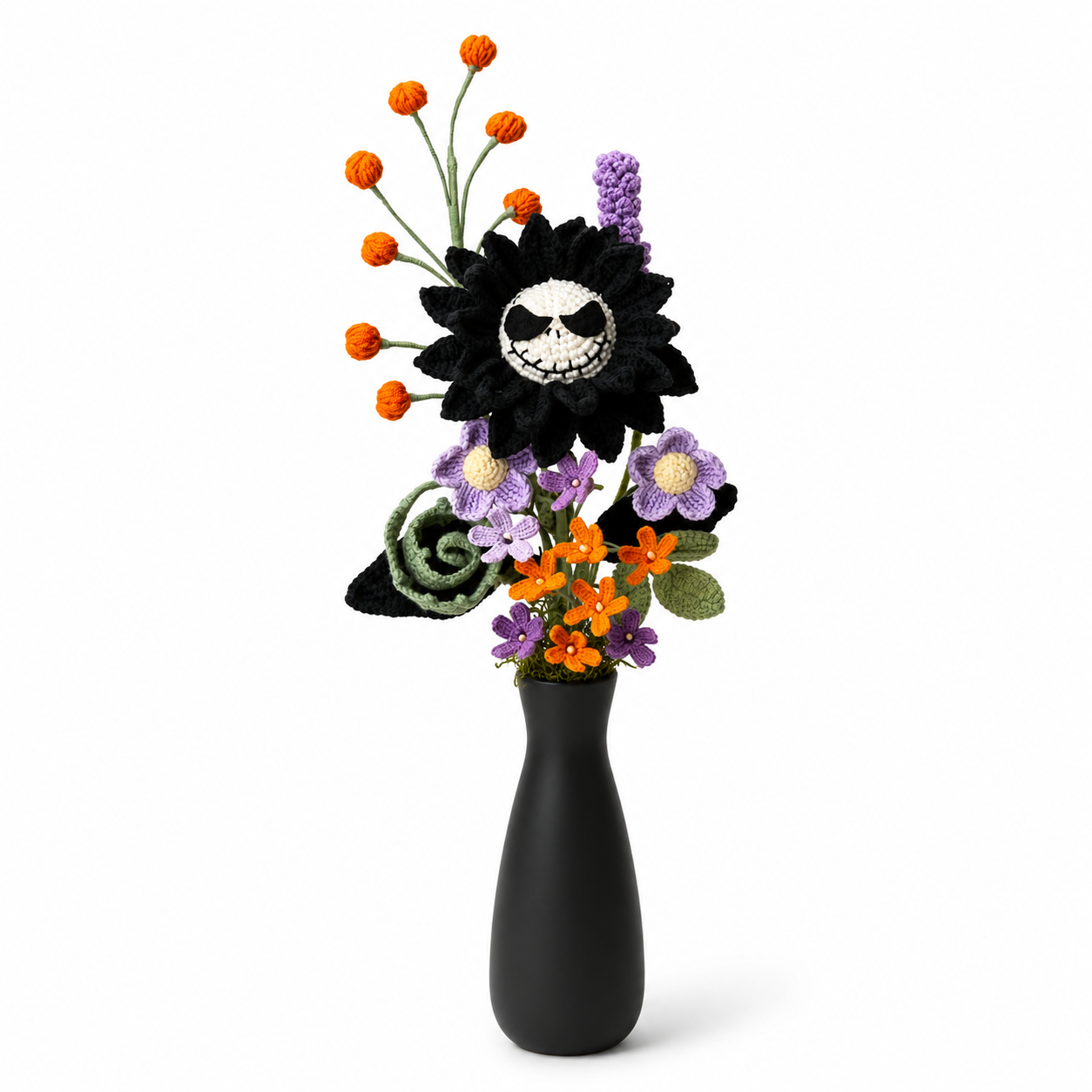 Handmade Crochet Skull Flower Arrangement in Black Vase | Gothic Halloween Home Decor | Unique Amigurumi Floral Centerpiece Gift