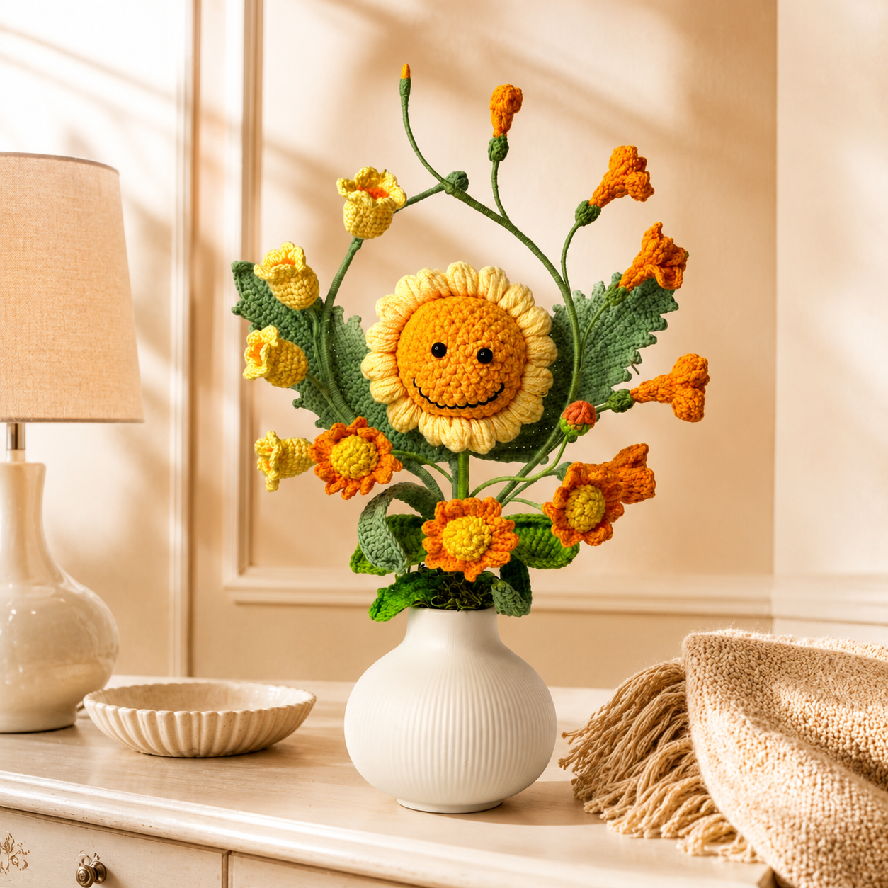 Hand-knitted sunflower and orchid bouquet vase decoration | Knitted sunflower and flower arrangement | Cute home decoration, desk center decoration, gift for women