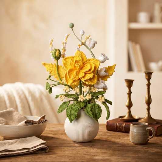 Yellow Crochet Flower Arrangement in White, Round Vase