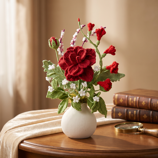 Red Crochet Flower Arrangement in White, Round Vase