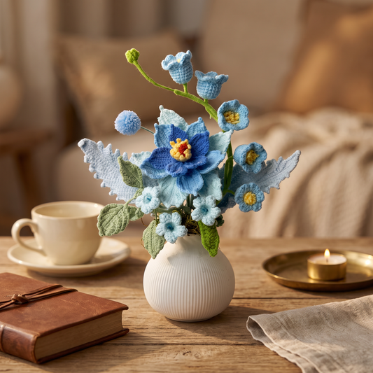 Blue Crochet Flower Arrangement in White, Round Vase