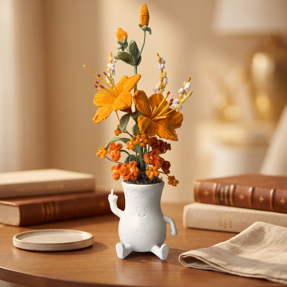 Orange Crochet Flower arrangement in wimsical "givin-life-the-bird" vase