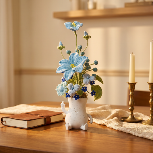 Blue Crochet Flower arrangement in wimsical "givin-life-the-bird" vase