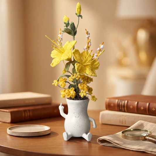 Yellow Crochet Flower arrangement in wimsical "givin-life-the-bird" vase