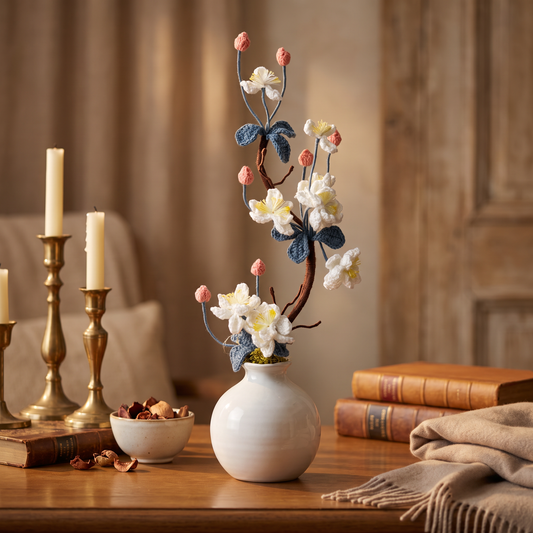 White, Pink and Blue Cherry Blossom Inspiredl Arrangement In a Round Glazed Ceramic vase