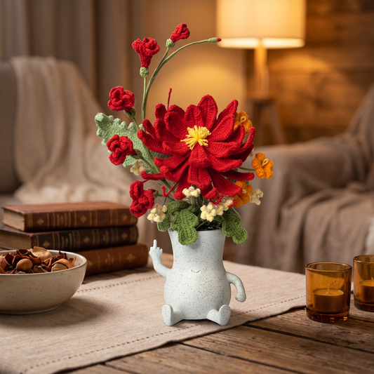 Red Crochet Flower arrangement in wimsical "givin-life-the-bird" vase