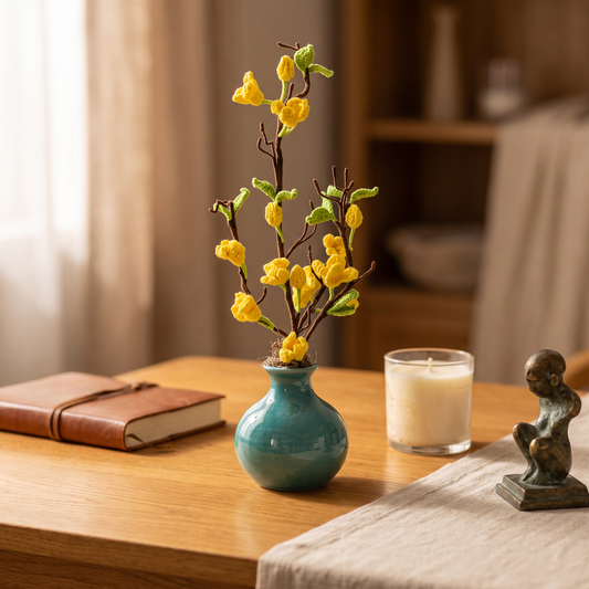 Yellow Cherry Blossom Inspired Arrangement In a Round Glazed Ceramic vase