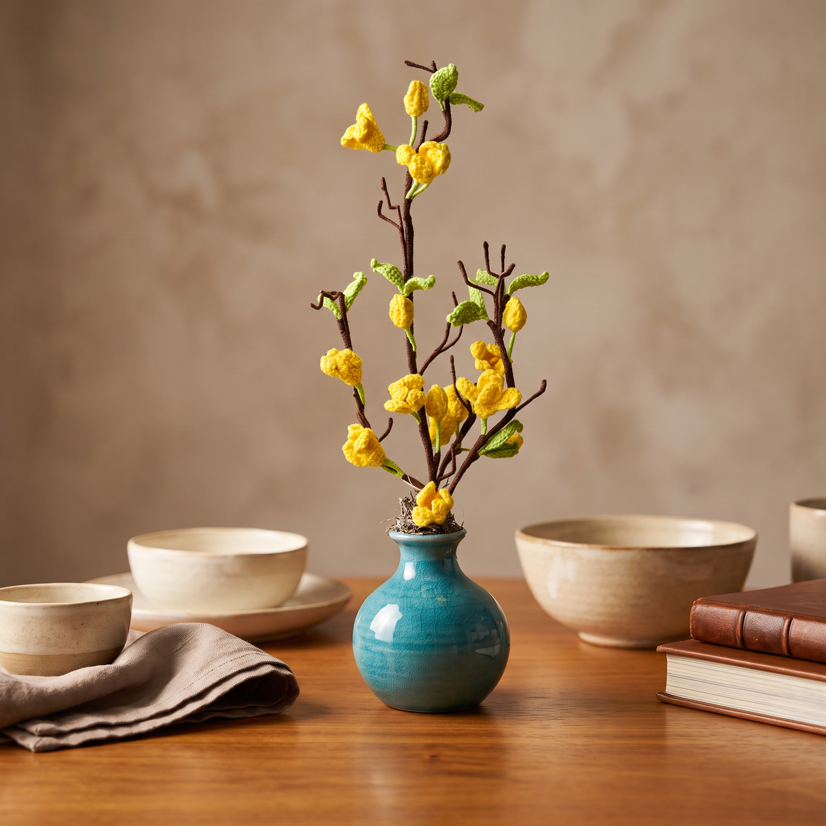 Yellow Cherry Blossom Inspired Arrangement In a Round Glazed Ceramic vase