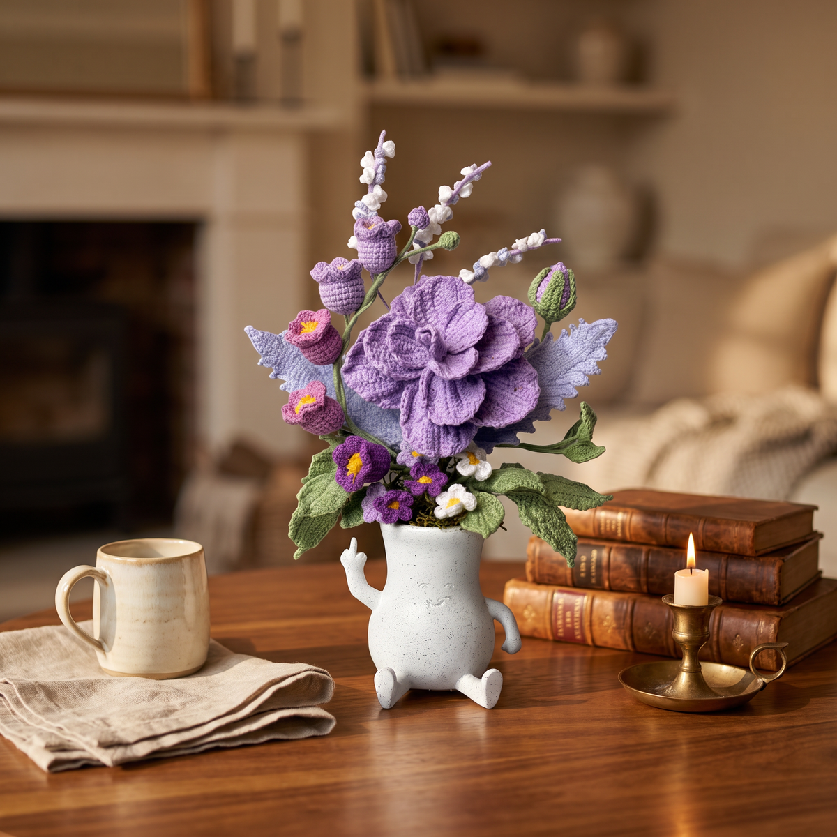 Purple Crochet Flower arrangement in wimsical "givin-life-the-bird" vase